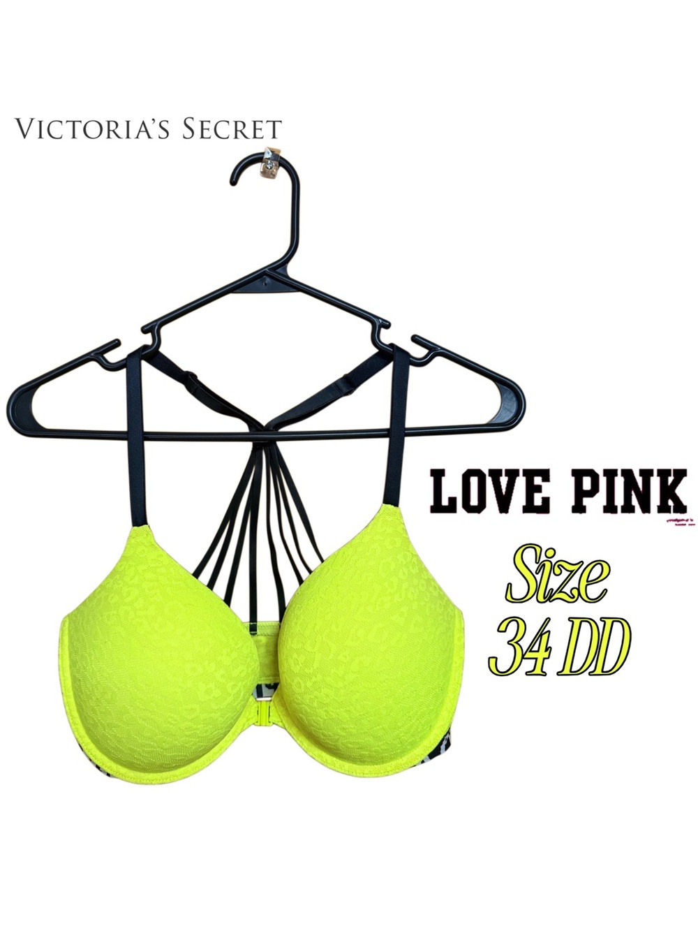 💚 Victoria’s Secret PINK Neon Yellow Strappy Bra 34DD Y2K Bombshell